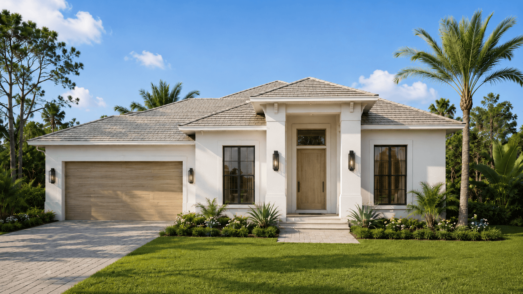 AI generated front elevation concept for a warm modern Southwest Florida single-family home